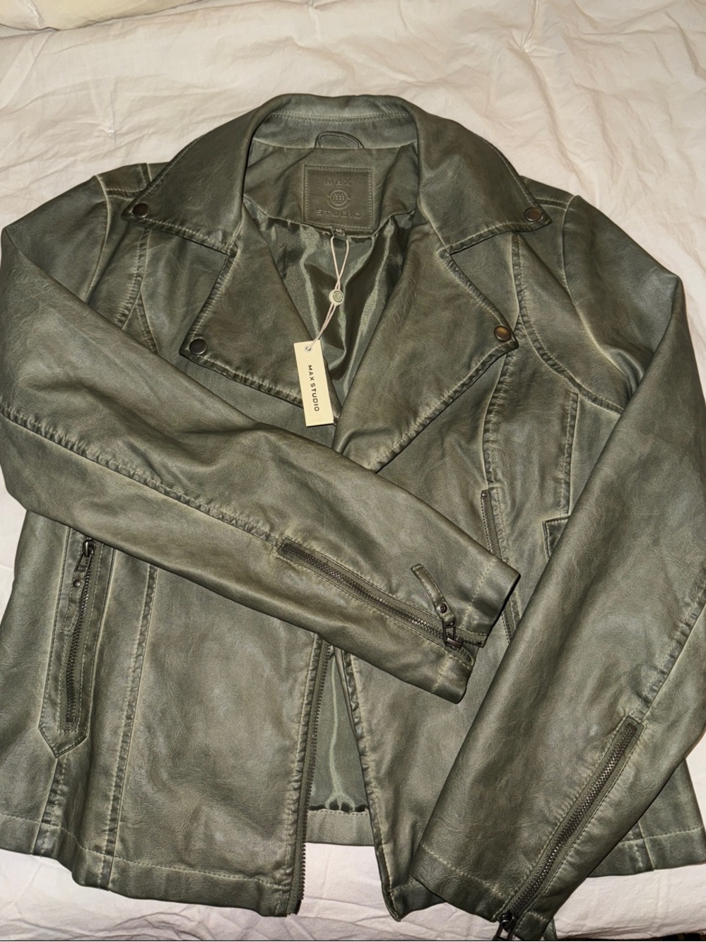 Max Studio Olive Green Leather Moto Jacket